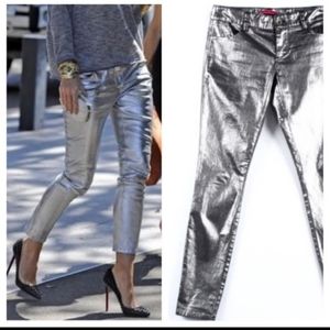Alice + Olivia Silver Coated Mid-Rise Metallic Skinny Jeans Size 8